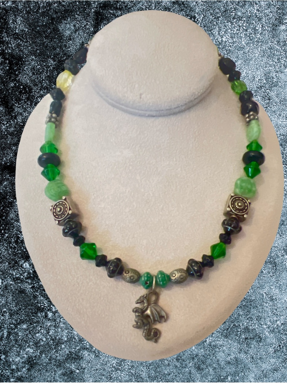 green and black  glass beaded Necklace Silver Tone  dragon pendant